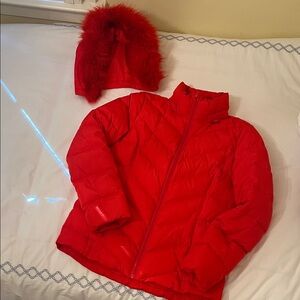 Lands’ End Down Jacket in Fiery Red with Removable Faux Fur Hood Size XS
